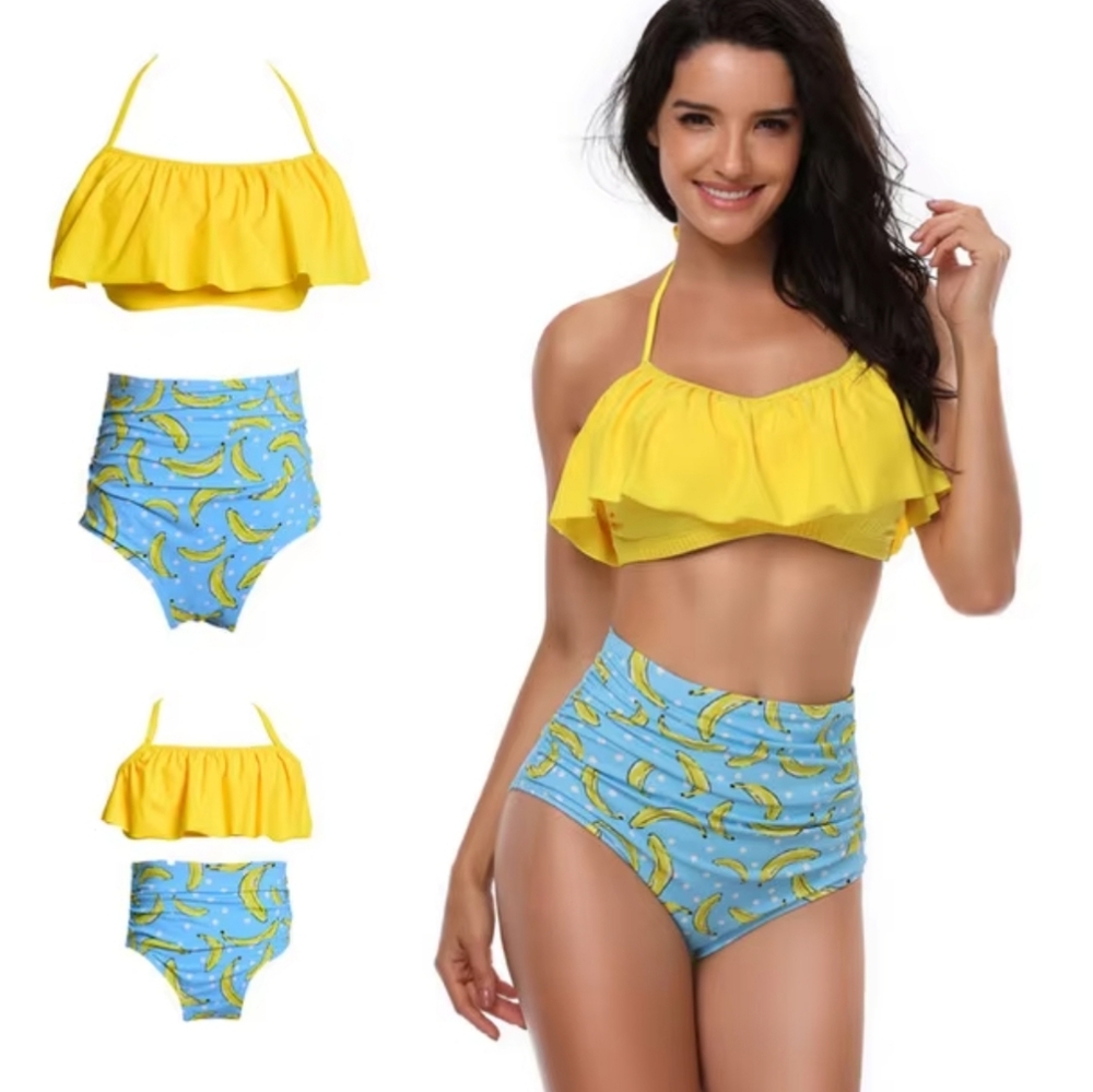 💟 NWOT Yellow Blue Banana High Waist Ruffle Tankini Small